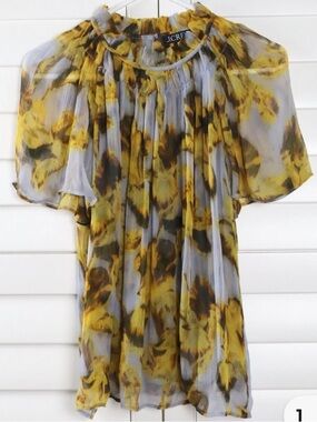 J. Crew Yellow Floral Chiffon Ruffled Neck Blouse